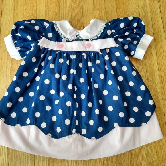 Vintage Handmade Baby Dress Blue Pink Polka Dots - Picture 10 of 14